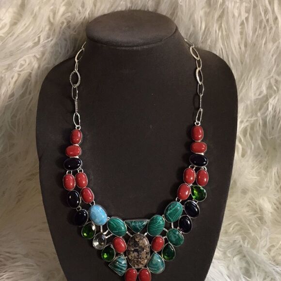 TURTILLA AGATE WITH MALACHITE GEMS NECKLACE SILVER - Picture 4 of 16